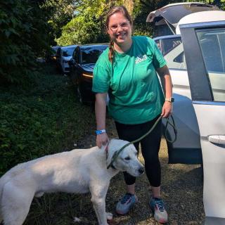 Lindsey Cope with a rescued Sato - or Puerto Rican street dog.