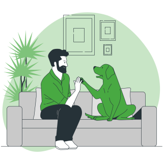 Cartoon character of a man on a couch with a cartoon dog.