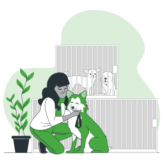 Cartoon drawing of a woman petting a dog. There are cages with additional dogs in the background. The woman is smiling.
